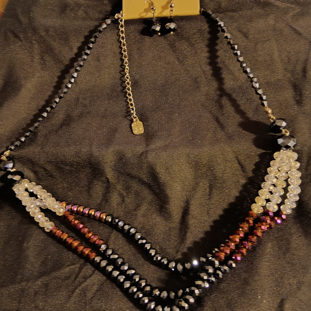 Multi Color Faceted Crystal Bead 3 Strand Necklace Set Black Purple Clear